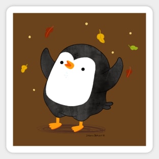 Penguin having fun with autumn leaves Sticker